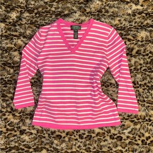 Ralph Lauren Pink and White Striped V-Neck Sweater
